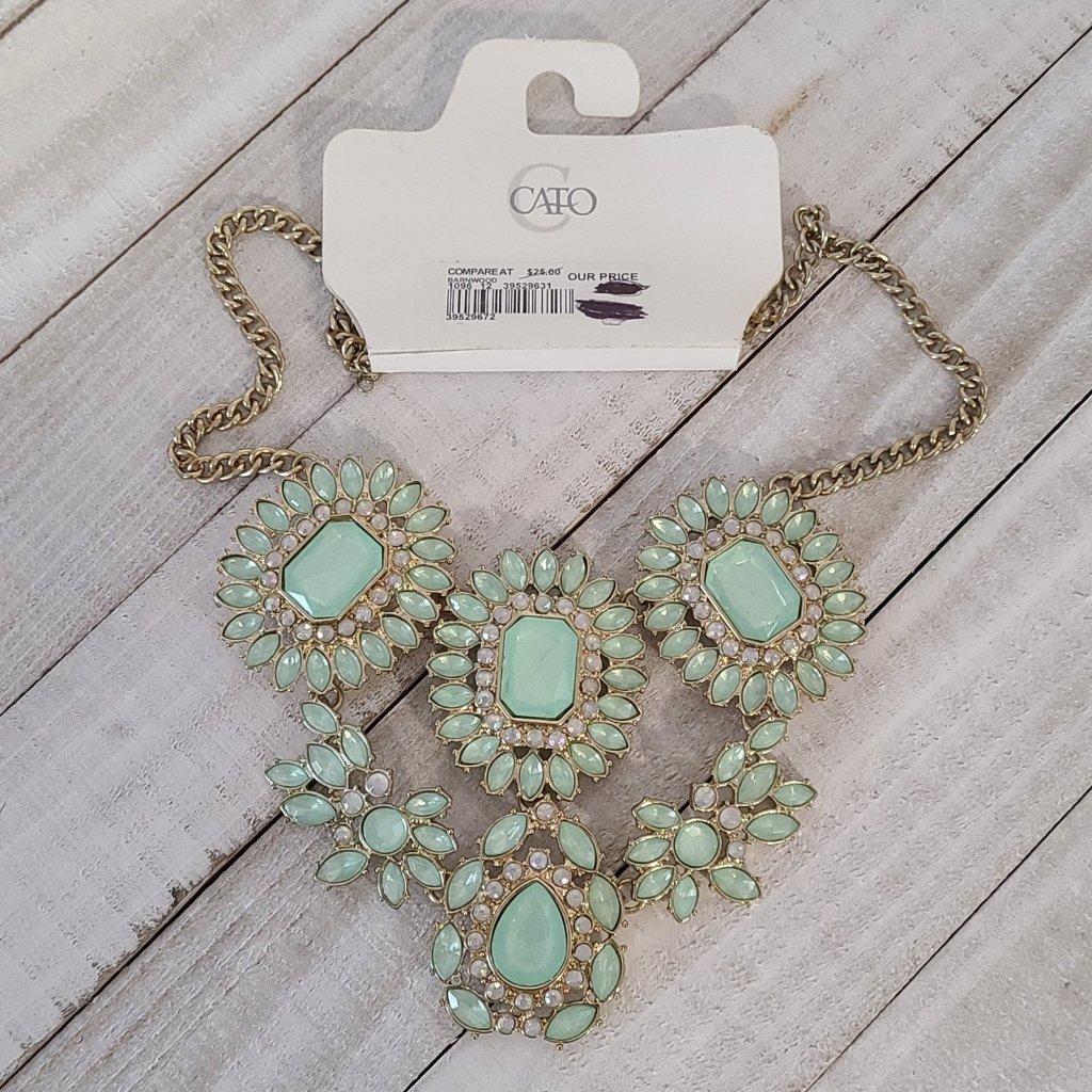 Vintage Cato Statement Large Bib Collar Necklace Boho Gold Tone Mint Green Nwt 28$